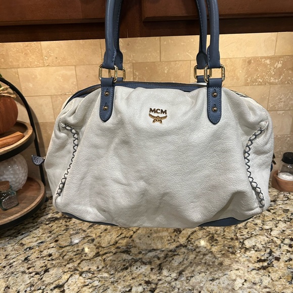 MCM Handbags - MCM Munich Leather Satchel Top Handle Bag Cream Blue Gold Hardware